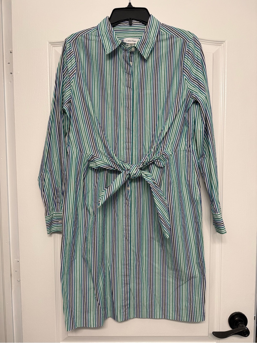 Calvin Klein Striped Shirt Dress Tie Waist Green Blue Size 12